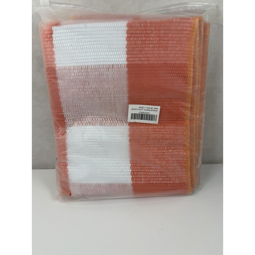 Orange and White Plaid Buffalo Check Rug 43x28 Entryway Porch Outdoor Mat New